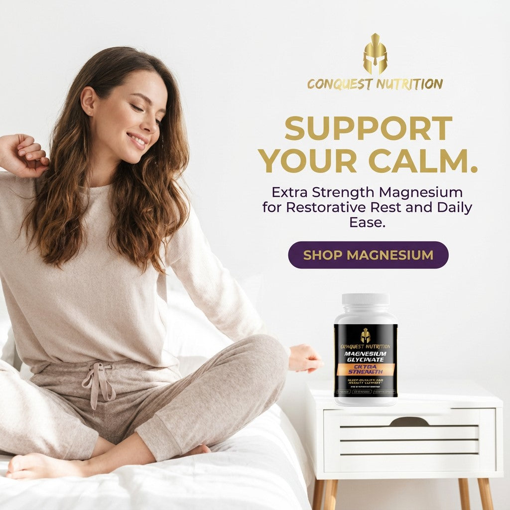 Woman sitting on a bed with a supplement bottle, promoting Conquest Nutrition magnesium product.