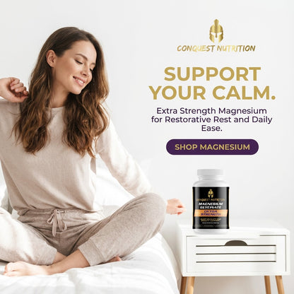 Woman sitting on a bed with a supplement bottle, promoting Conquest Nutrition magnesium product.