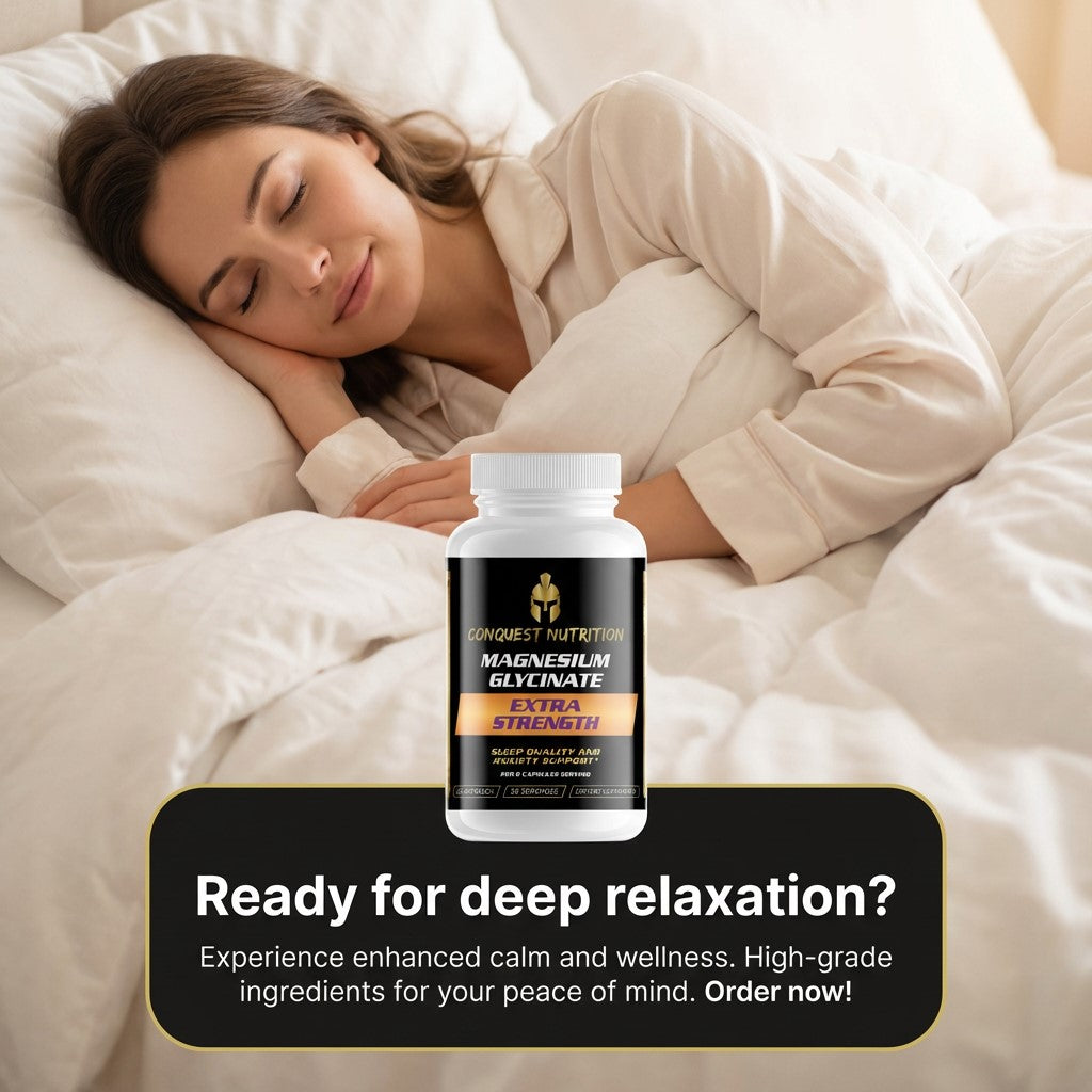 Woman sleeping in bed with a supplement bottle labeled 'Conquest Nutrition' in the foreground.