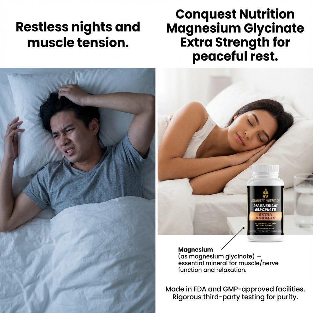 Advertisement for Magnesium Glycinate Extra Strength showing a person with restless nights and a bottle of supplement.