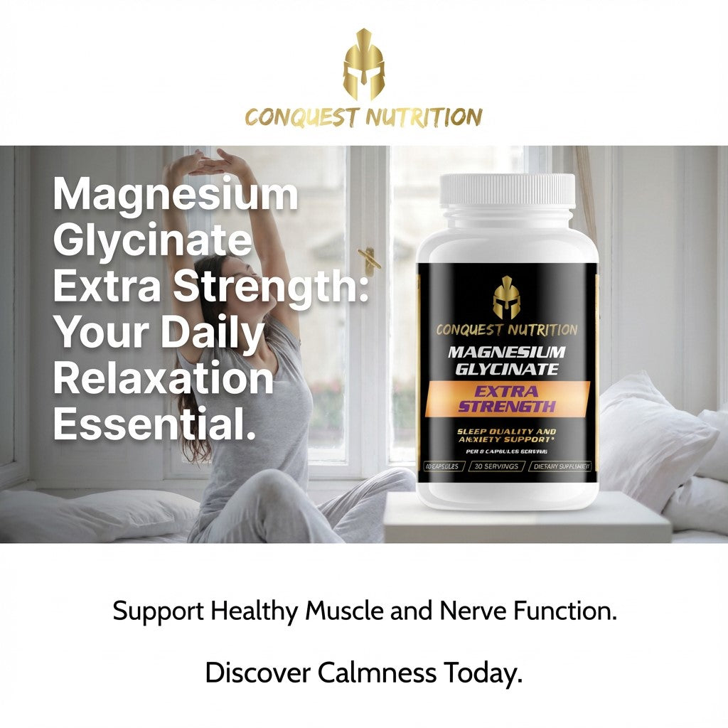 Conquest Nutrition Magnesium Glycinate Extra Strength supplement bottle with a woman in bed in the background.