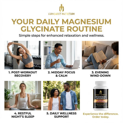 Advertisement for Conquest Nutrition's magnesium glycinate routine with lifestyle images and product packaging.