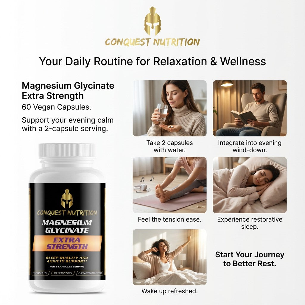 Conquest Nutrition Magnesium Glycinate Extra Strength supplement with lifestyle images and text on relaxation and wellness.