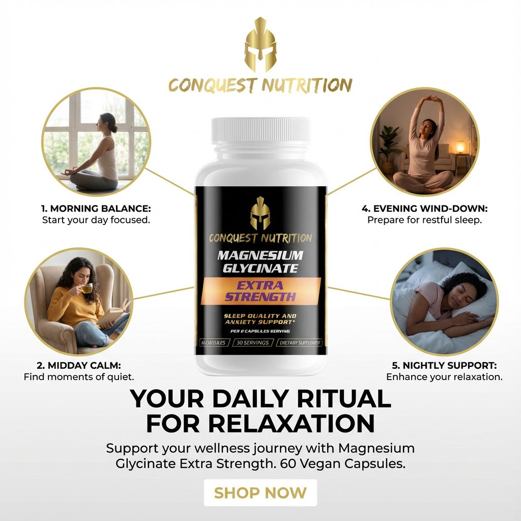 Conquest Nutrition Magnesium Glycinate Extra Strength supplement bottle with lifestyle images and text on a white background.