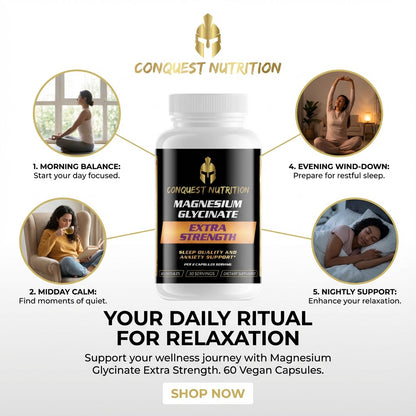Conquest Nutrition Magnesium Glycinate Extra Strength supplement bottle with lifestyle images and text on a white background.