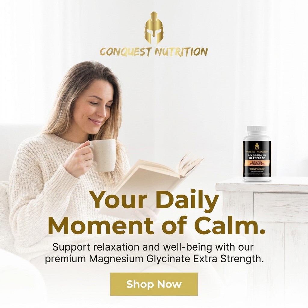 Woman reading a book and drinking coffee with Conquest Nutrition supplement bottle in the background