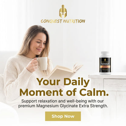 Woman reading a book and drinking coffee with Conquest Nutrition supplement bottle in the background