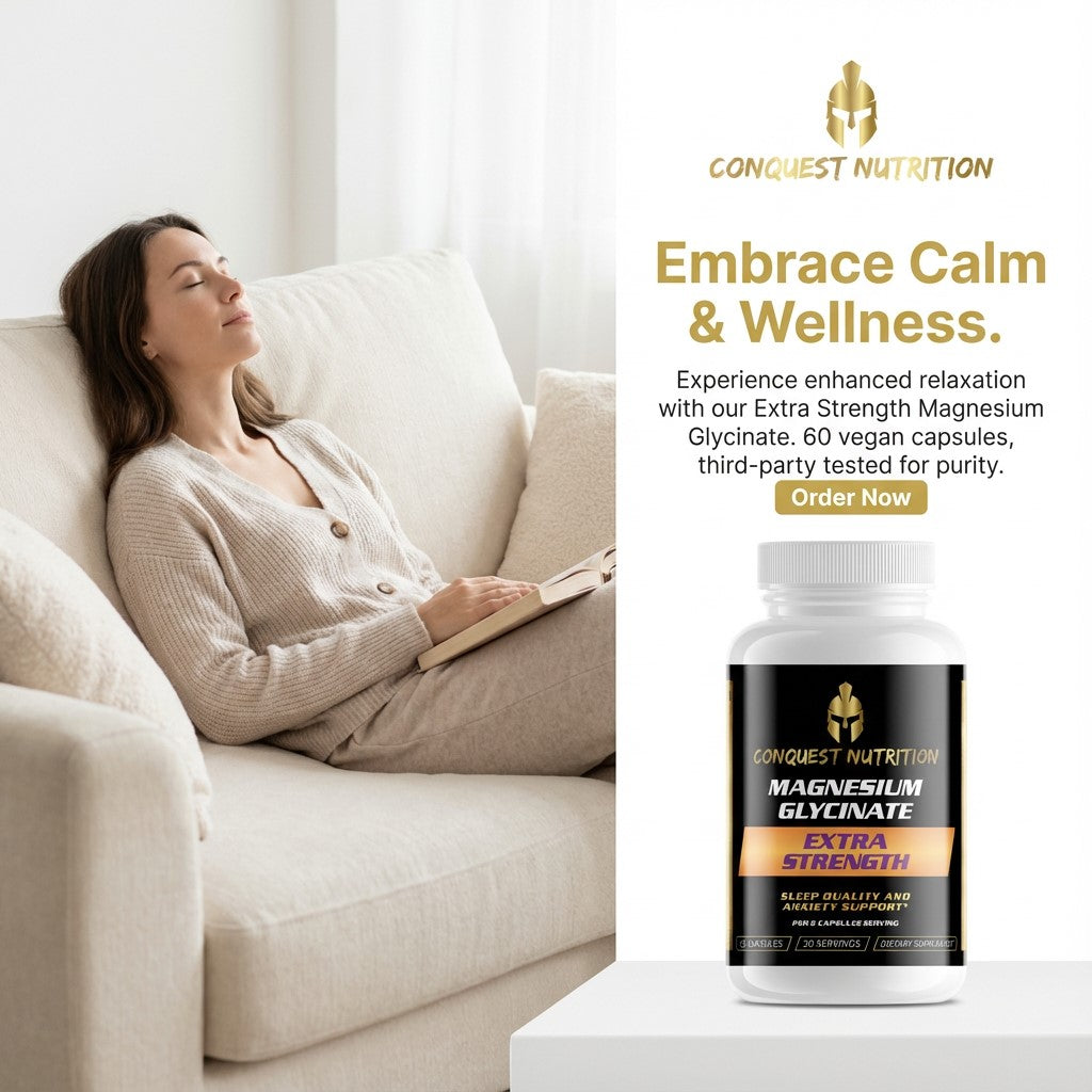 Woman relaxing on a couch with a supplement bottle labeled 'Conquest Nutrition' in the foreground.