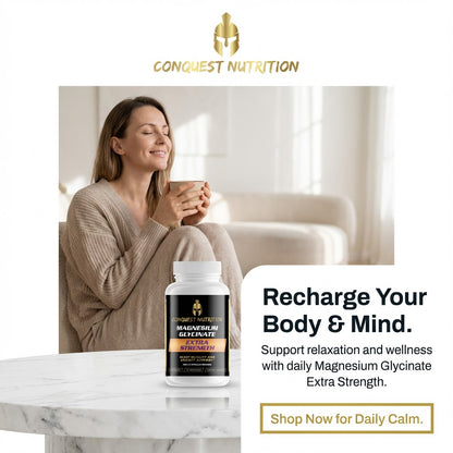 Woman holding a mug with a bottle of Conquest Nutrition supplement on a marble surface.