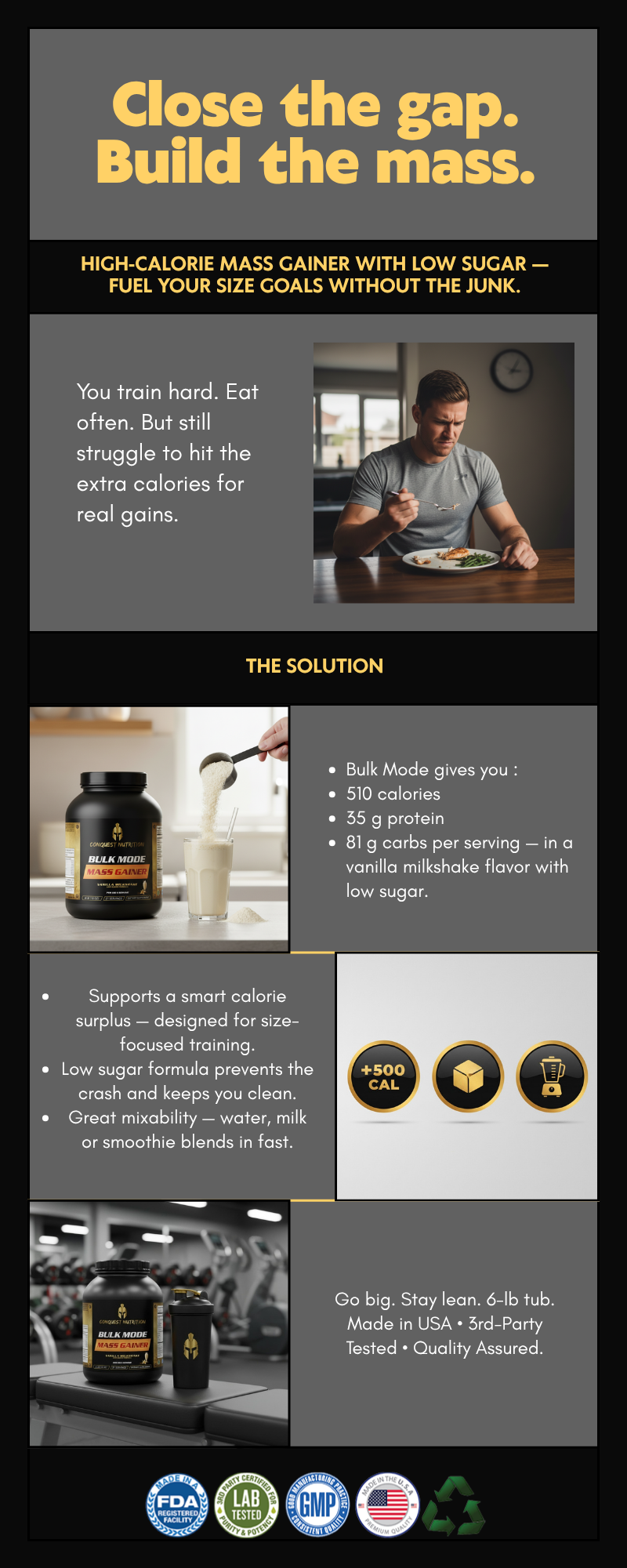 Bulk Mode Mass Gainer Vanilla Milkshake Flavor - Low Sugar Formula 6lbs for Strength and Muscle Gain