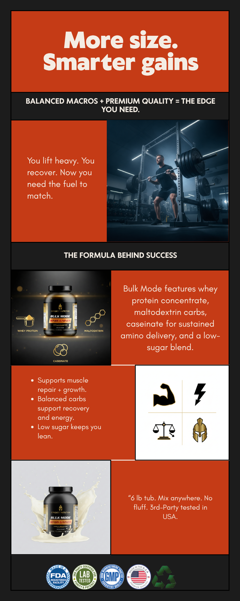 Bulk Mode Mass Gainer Vanilla Milkshake Flavor - Low Sugar Formula 6lbs for Strength and Muscle Gain