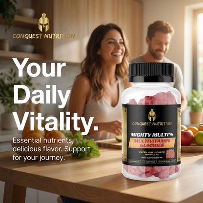 Bottle of Conquest Nutrition Mighty Multivitamins Gummies on a table with a couple in the background.