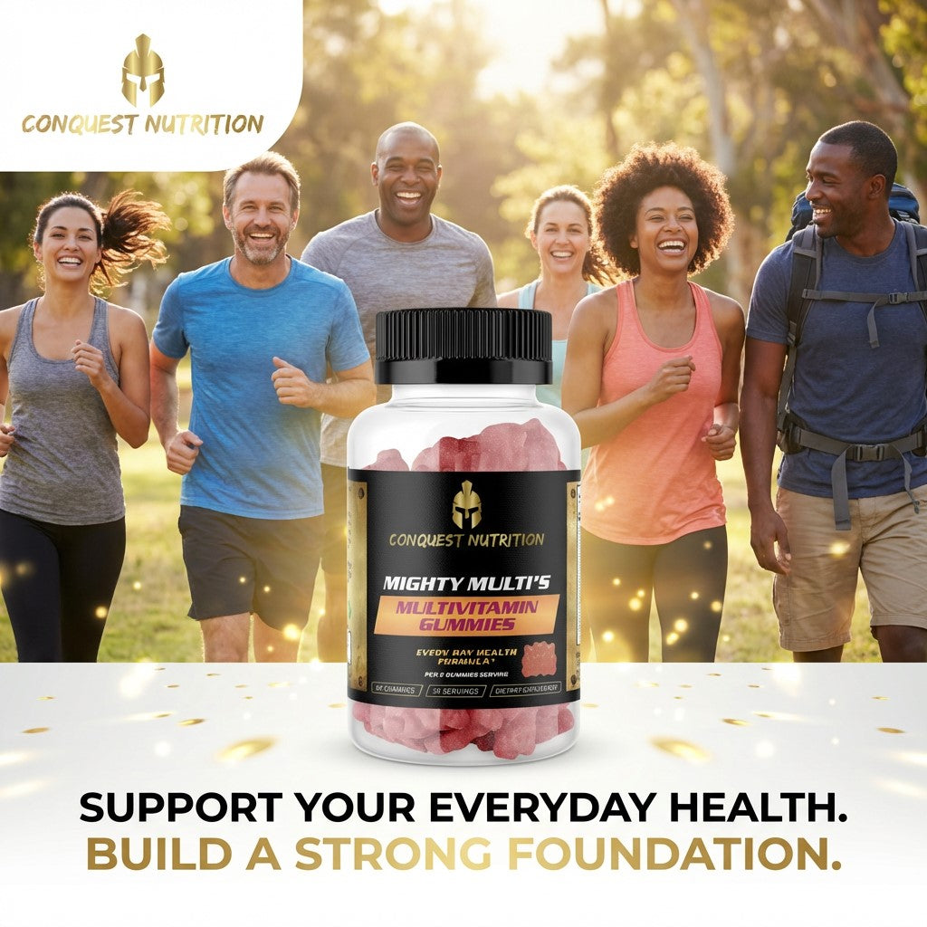 Conquest Nutrition Mighty Multi's Multivitamin Gummies with a group of people running outdoors.
