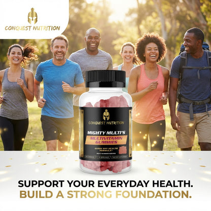 Conquest Nutrition Mighty Multi's Multivitamin Gummies with a group of people running outdoors.