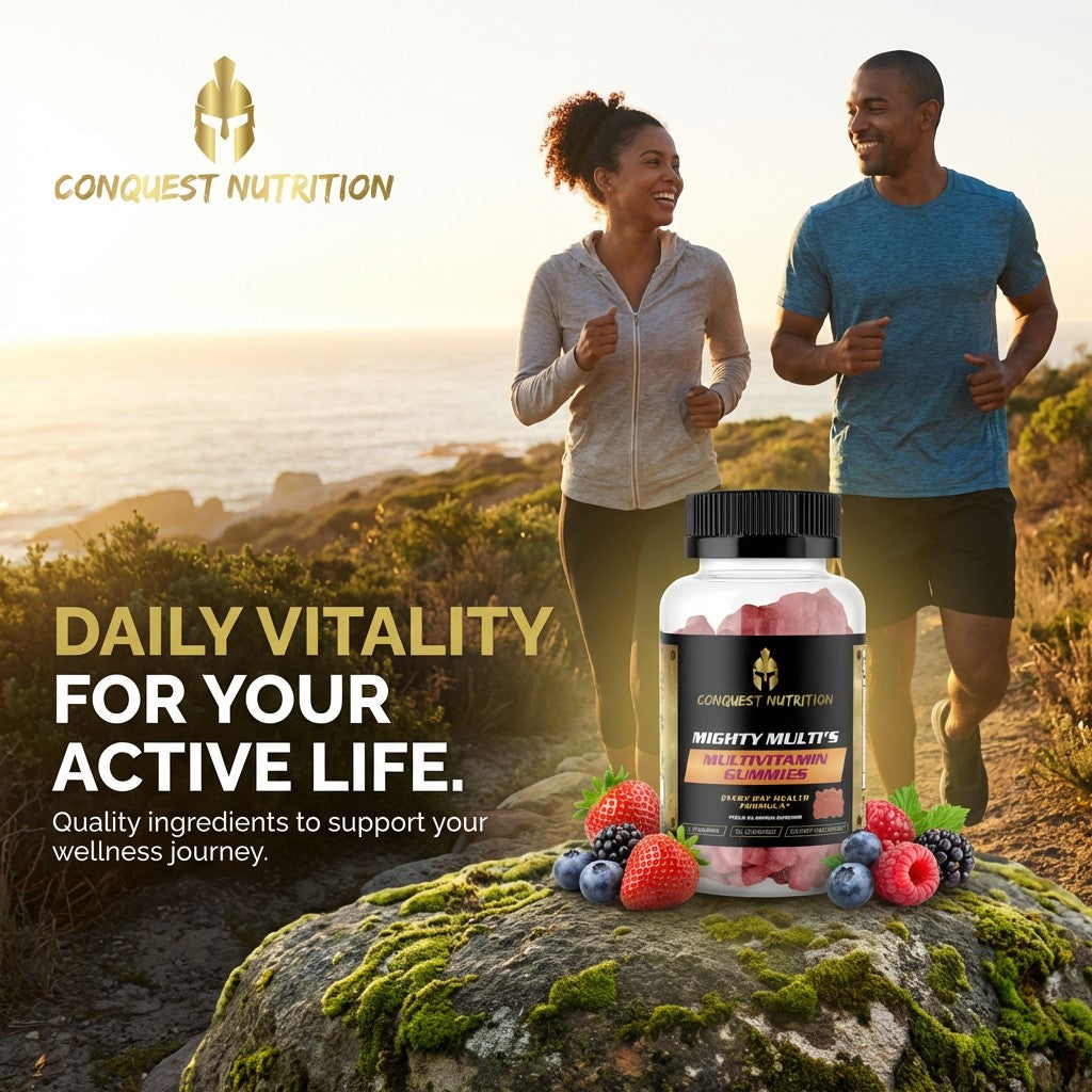 Two people running on a trail with a bottle of Conquest Nutrition supplements in the foreground.