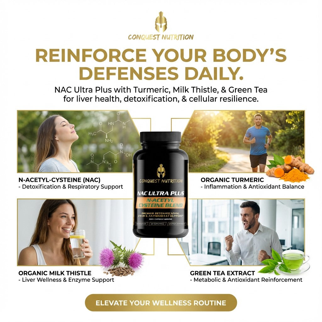 Advertisement for Conquest Nutrition supplements with text and images of people and products.