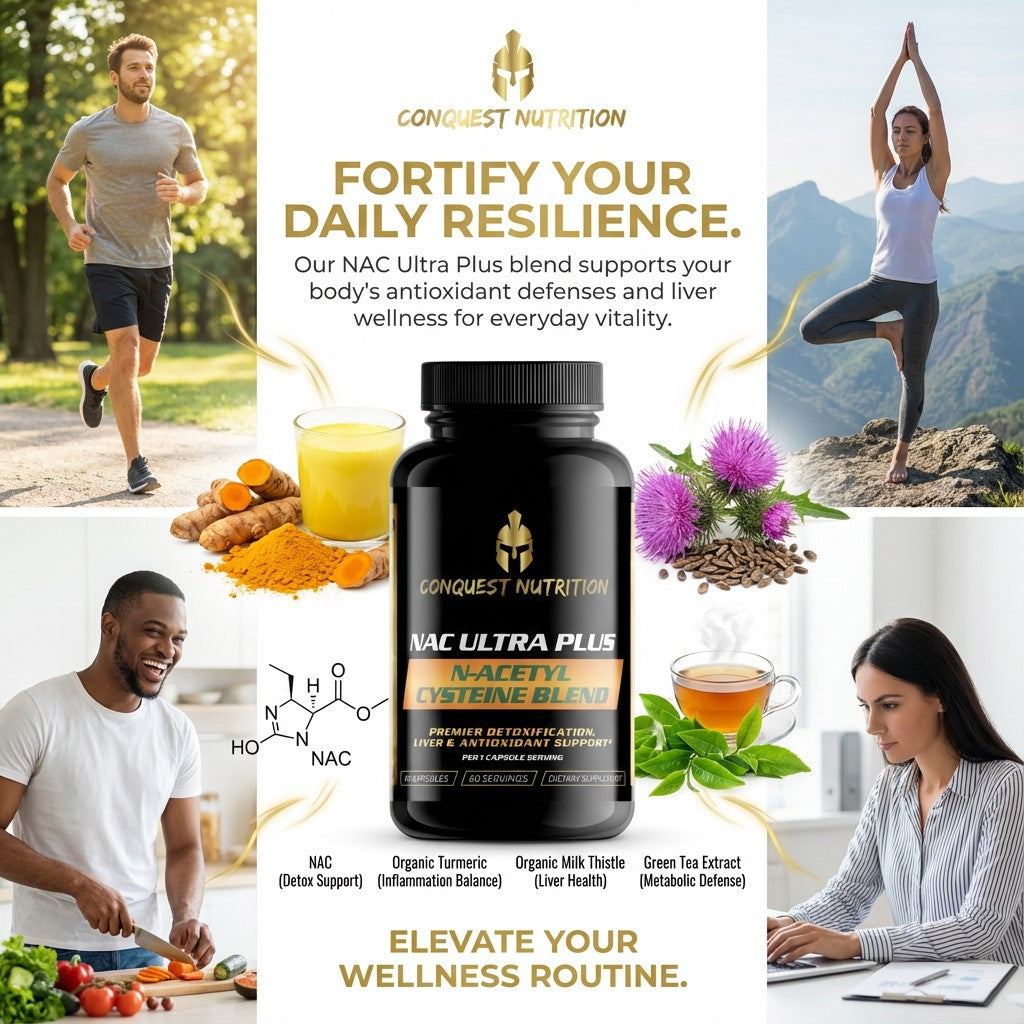 Promotional image for Conquest Nutrition NAC Ultra Plus supplement with lifestyle images and product details.