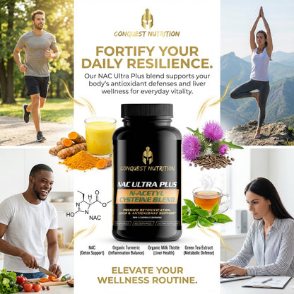 Promotional image for Conquest Nutrition NAC Ultra Plus supplement with lifestyle images and product details.