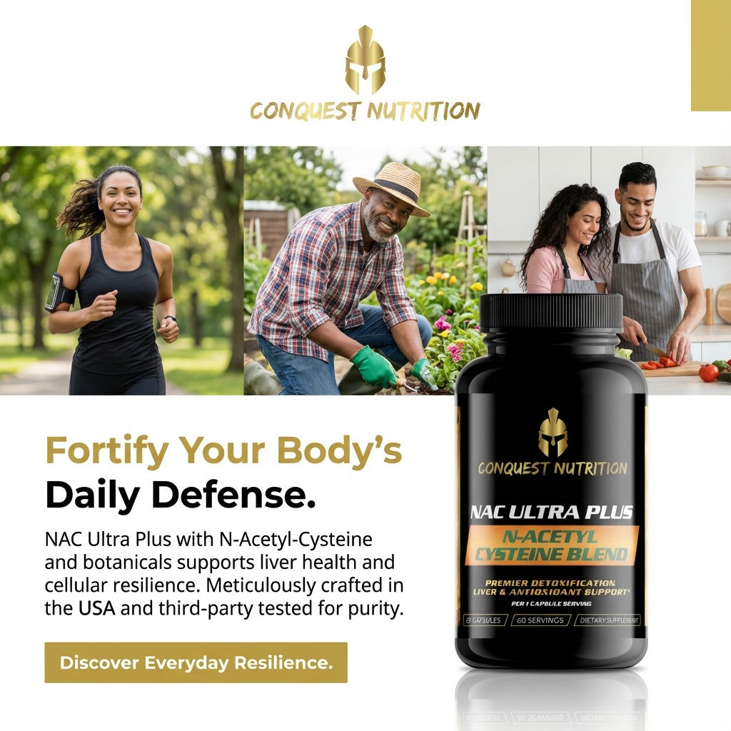 Advertisement for Conquest Nutrition NAC Ultra Plus supplement with lifestyle images and product packaging.