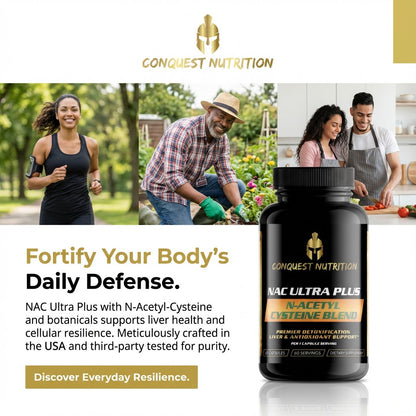 Advertisement for Conquest Nutrition NAC Ultra Plus supplement with lifestyle images and product packaging.