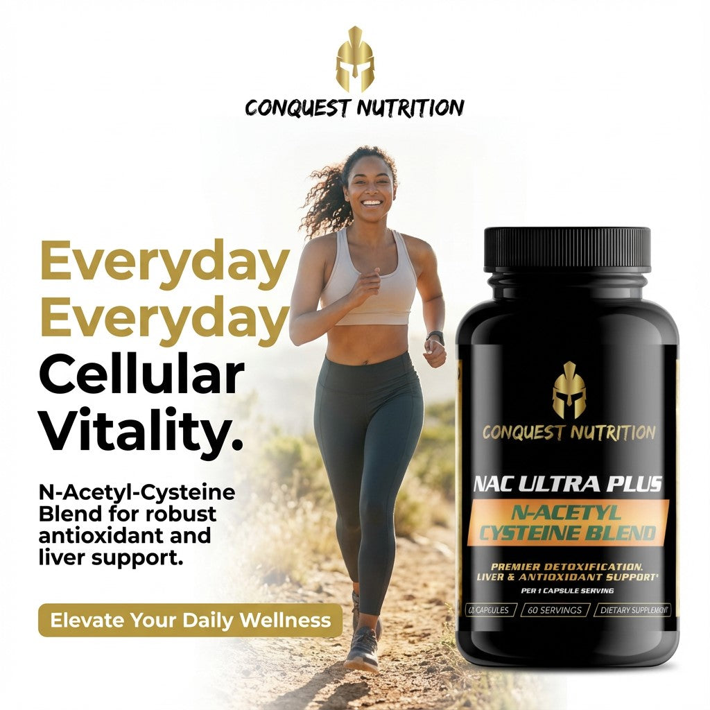 Advertisement for Conquest Nutrition NAC Ultra Plus supplement with a woman running outdoors.