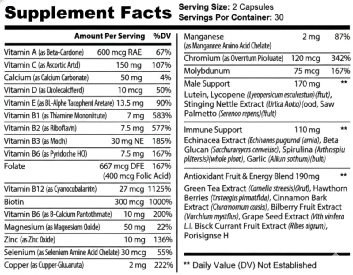 Supplement facts label with detailed nutritional information
