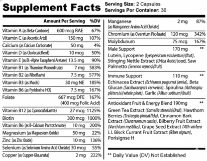 Supplement facts label with detailed nutritional information