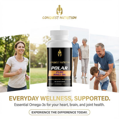 Conquest Nutrition Polar Pure Krill Oil supplement bottle with lifestyle images of a family and woman exercising.
