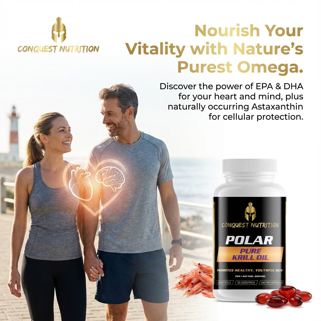 Advertisement for Conquest Nutrition Polar Pure Krill Oil with a couple holding hands by a body of water.