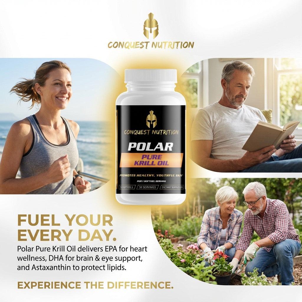 Advertisement for Conquest Nutrition Polar Pure Krill Oil with lifestyle images of a woman, man, and couple.