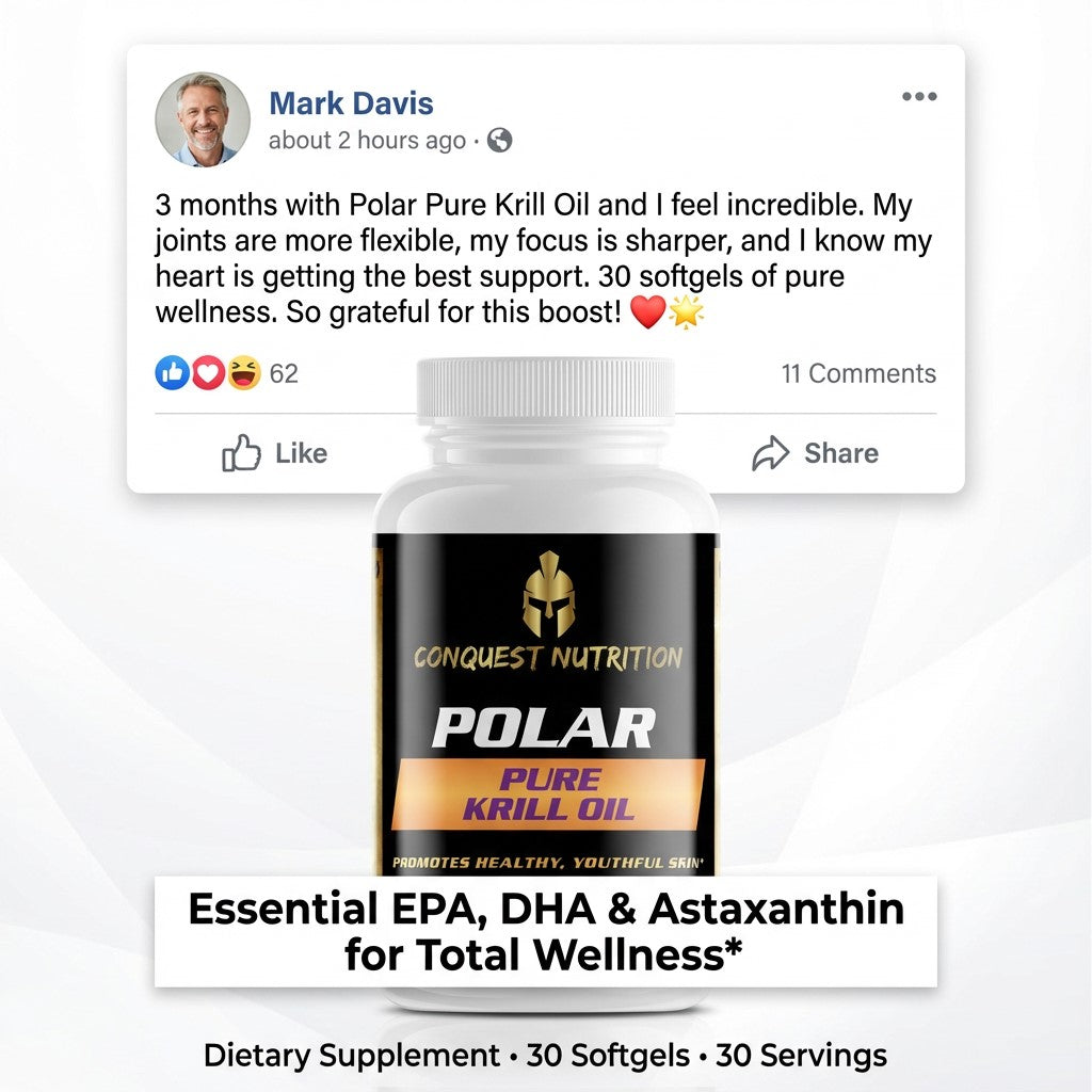 Polar Pure Krill Oil supplement with a testimonial from Mark Davis on a white background