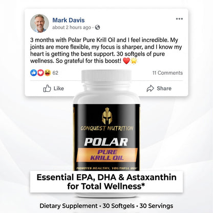 Polar Pure Krill Oil supplement with a testimonial from Mark Davis on a white background