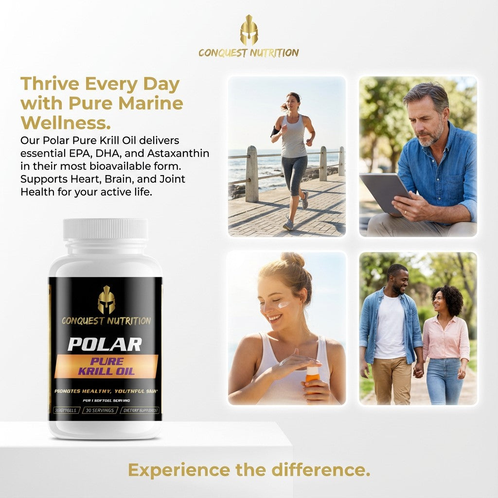 Advertisement for Conquest Nutrition Polar Pure Krill Oil with lifestyle images and text about health benefits.