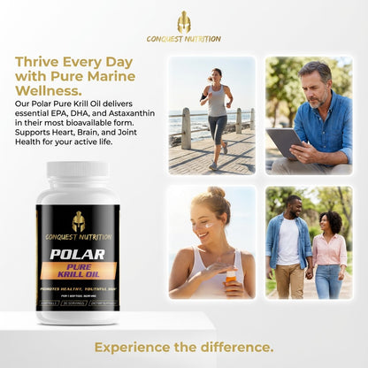Advertisement for Conquest Nutrition Polar Pure Krill Oil with lifestyle images and text about health benefits.