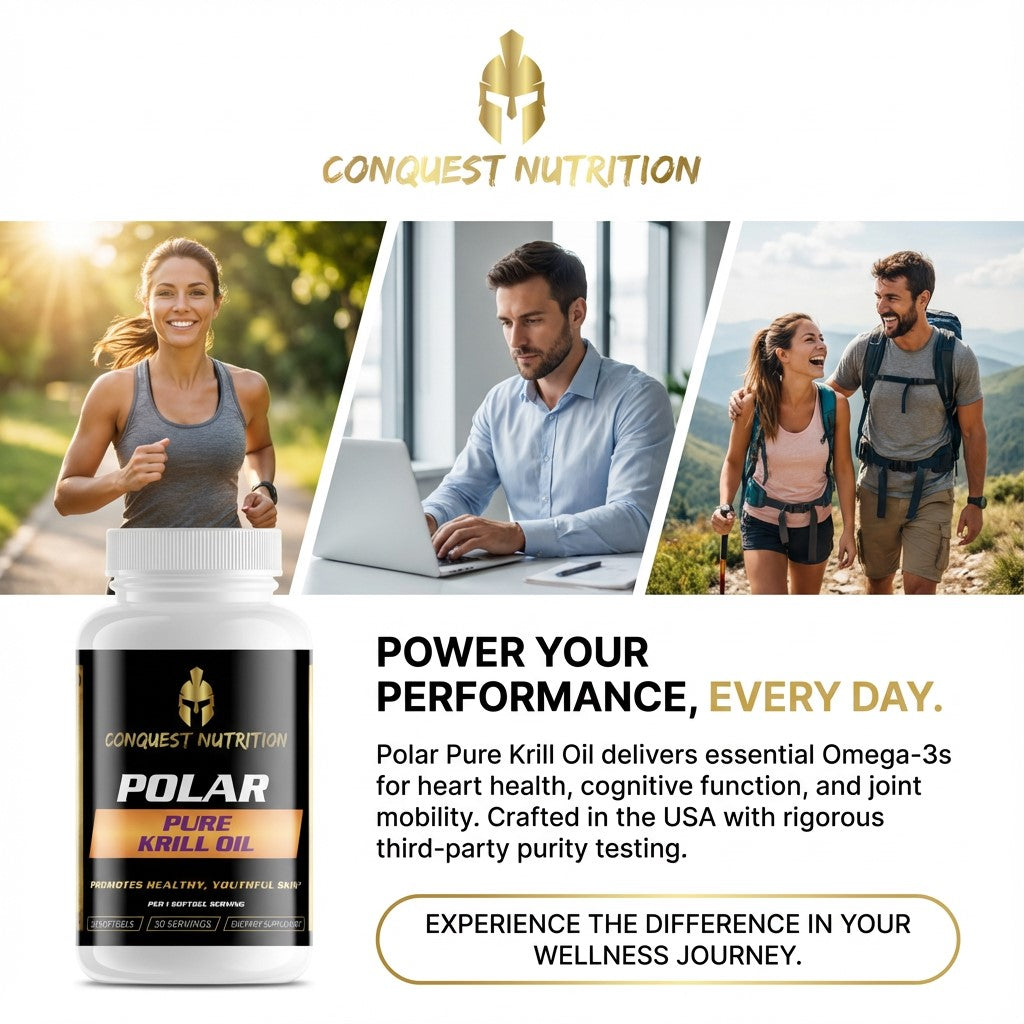 Advertisement for Conquest Nutrition Polar Pure Krill Oil with lifestyle images and product packaging.