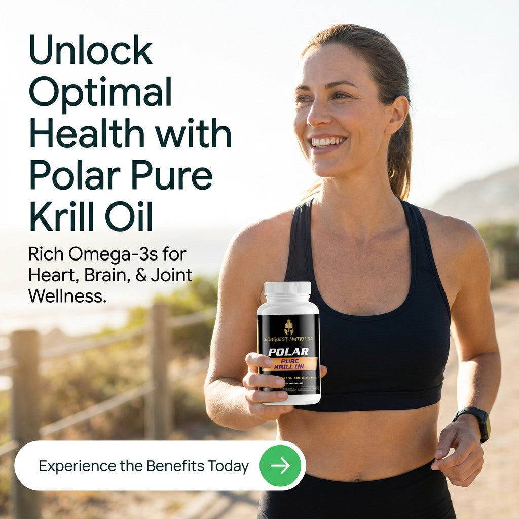 Woman holding Polar Pure Krill Oil supplement with outdoor background