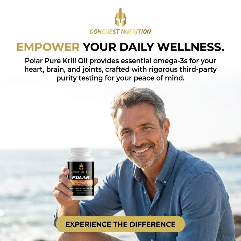 Man holding a bottle of Conquest Nutrition Polar Pure Krill Oil with text about daily wellness and omega-3s.