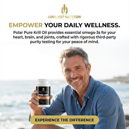 Man holding a bottle of Conquest Nutrition Polar Pure Krill Oil with text about daily wellness and omega-3s.