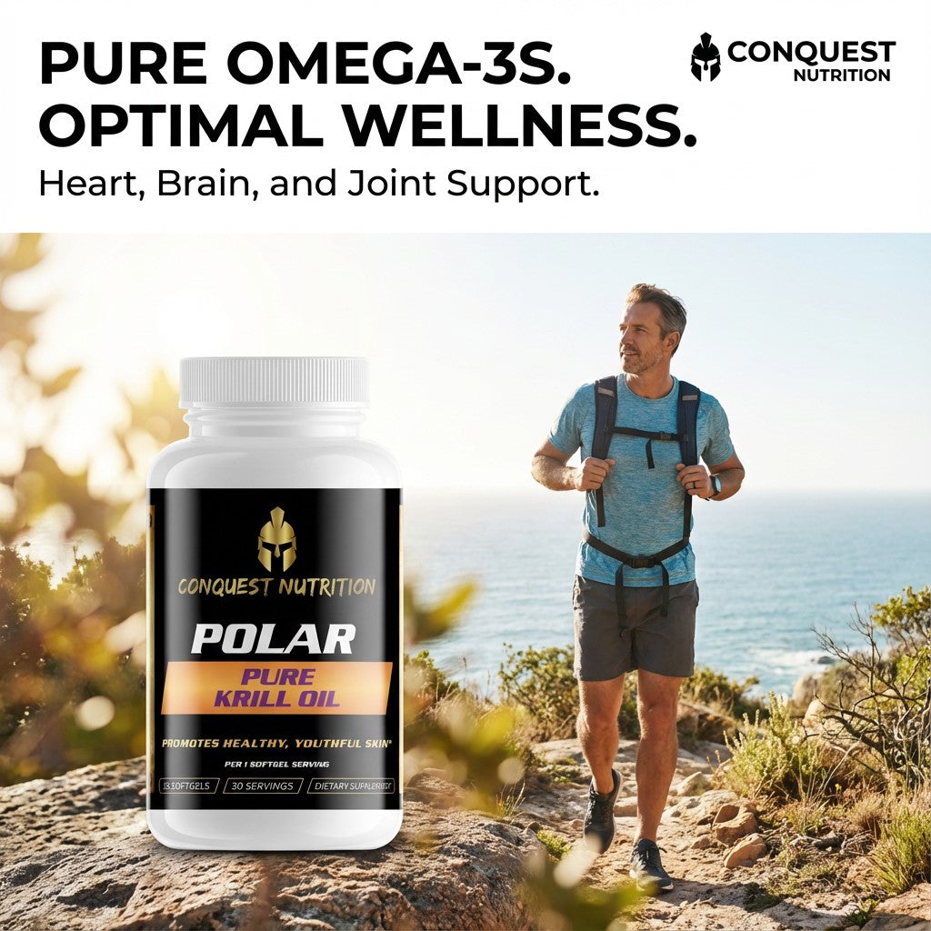 Conquest Nutrition Polar Pure Krill Oil supplement bottle with a man hiking on a trail by the ocean.
