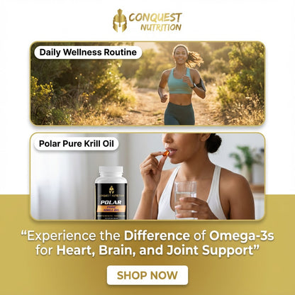 Advertisement for Conquest Nutrition Polar Pure Krill Oil with images of a woman running and taking supplements.