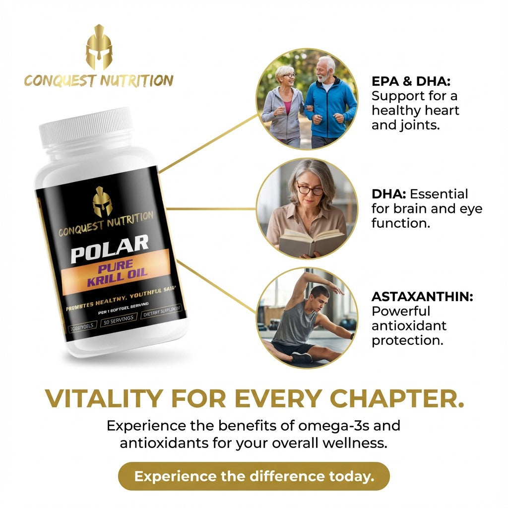 Conquest Nutrition Polar Pure Krill Oil supplement bottle with health benefits text on a white background
