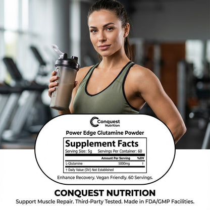 Power Edge Glutamine Powder 300mg - Vegan Friendly Supplement, 60 Servings