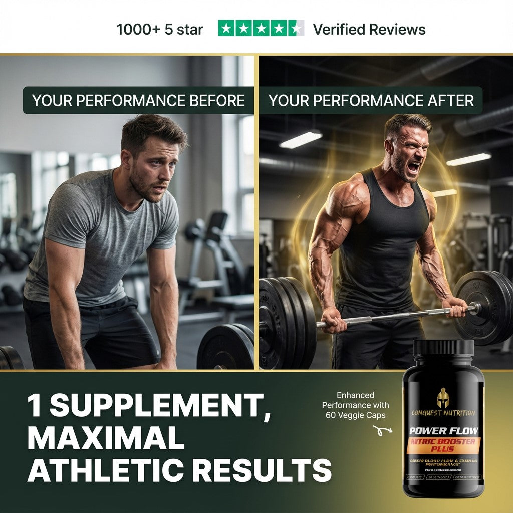 Before and after comparison of a man lifting weights with a supplement bottle labeled 'Power Flow' in the foreground.