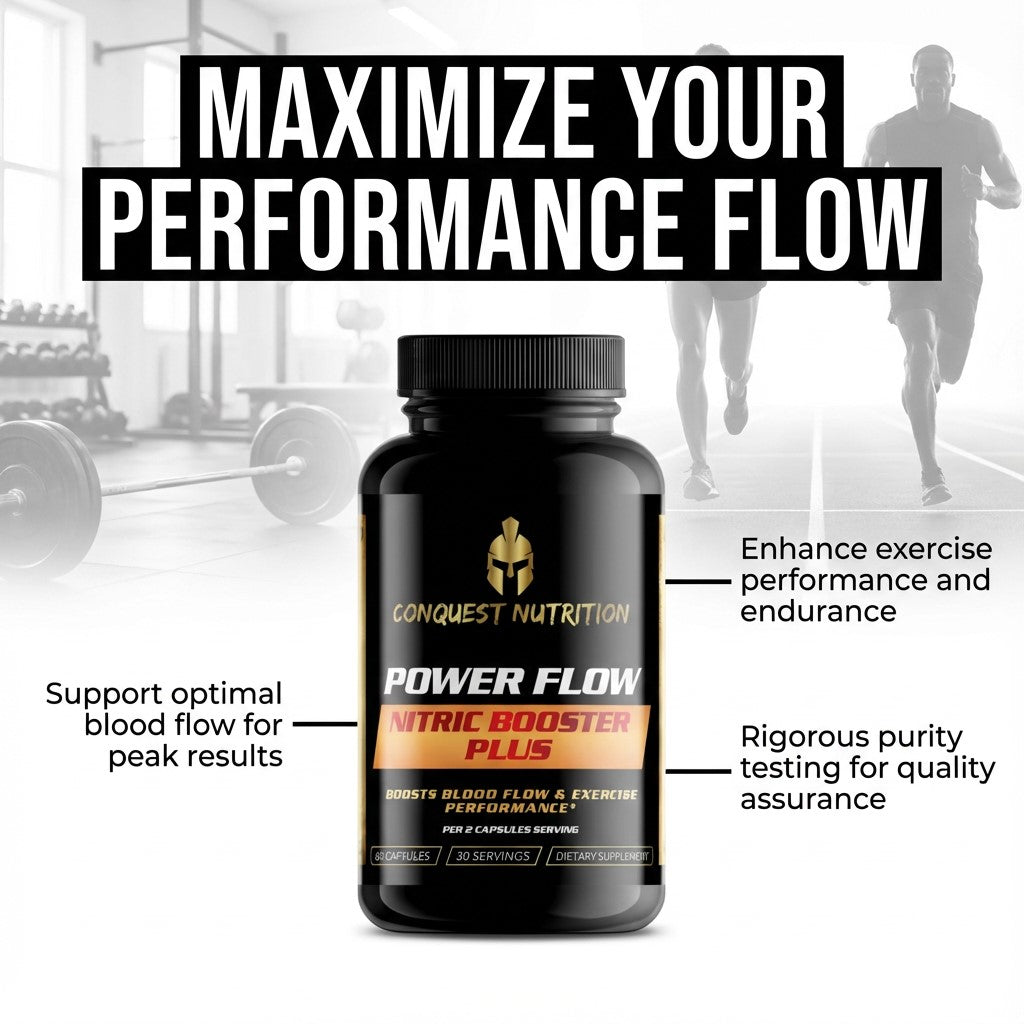 Bottle of Conquest Nutrition Power Flow Nitric Booster Plus with text about performance enhancement in a gym setting.