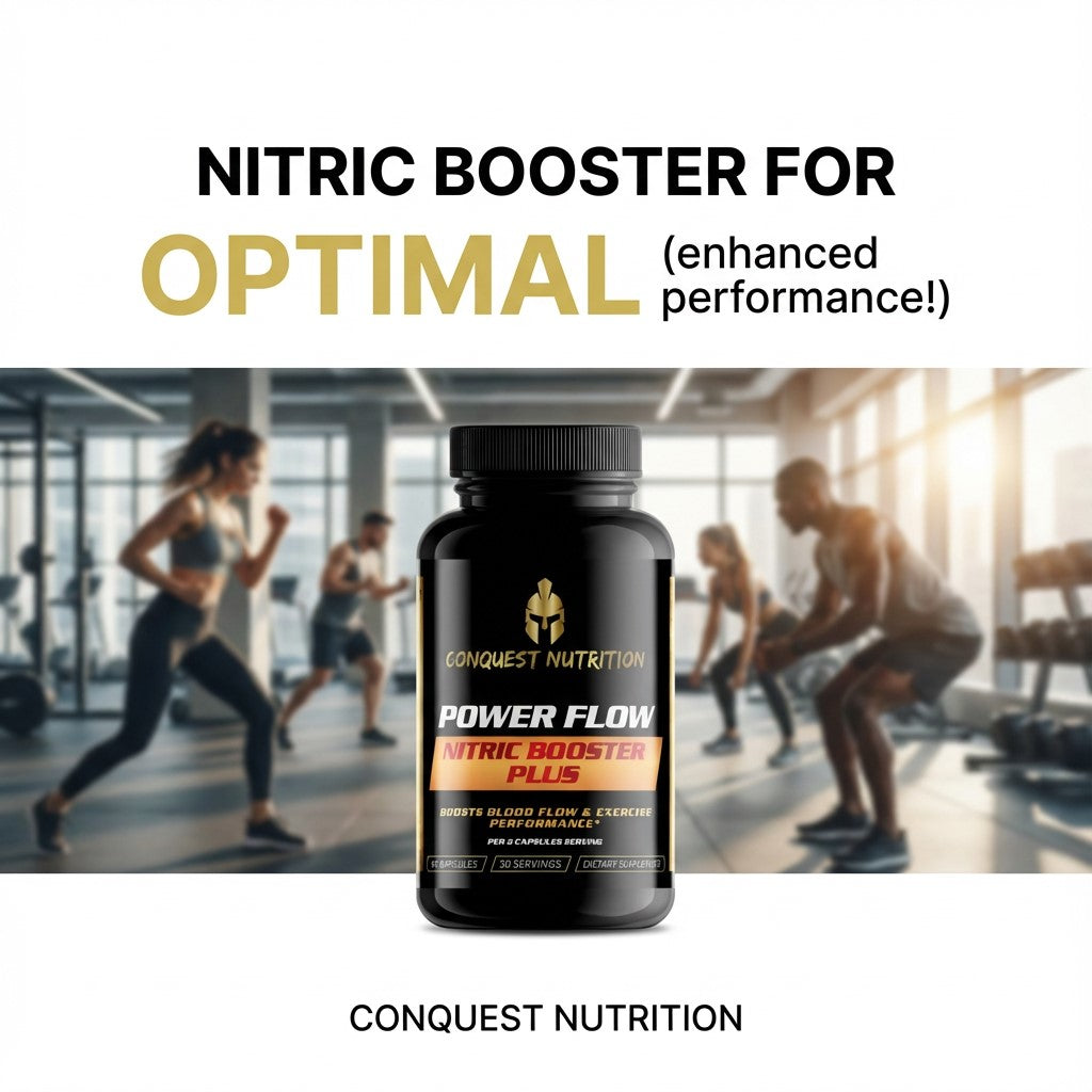 Conquest Nutrition Power Flow Nitric Booster Plus bottle with people exercising in a gym background