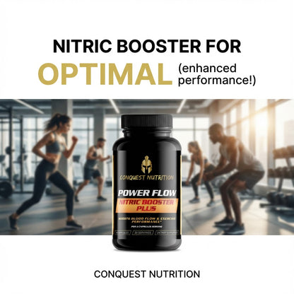 Conquest Nutrition Power Flow Nitric Booster Plus bottle with people exercising in a gym background