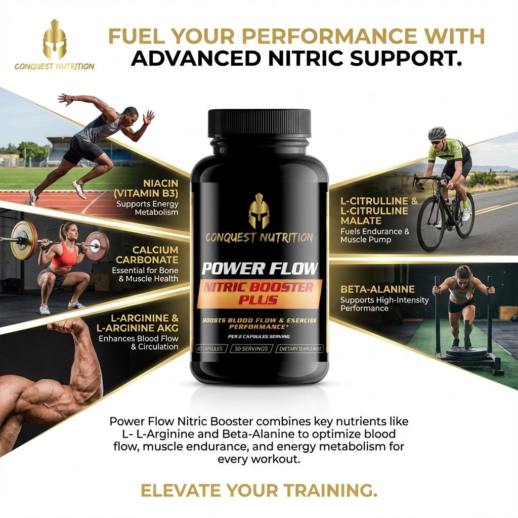 Advertisement for Conquest Nutrition Power Flow Nitric Booster Plus with athletes and text about performance enhancement.