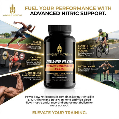 Advertisement for Conquest Nutrition Power Flow Nitric Booster Plus with athletes and text about performance enhancement.