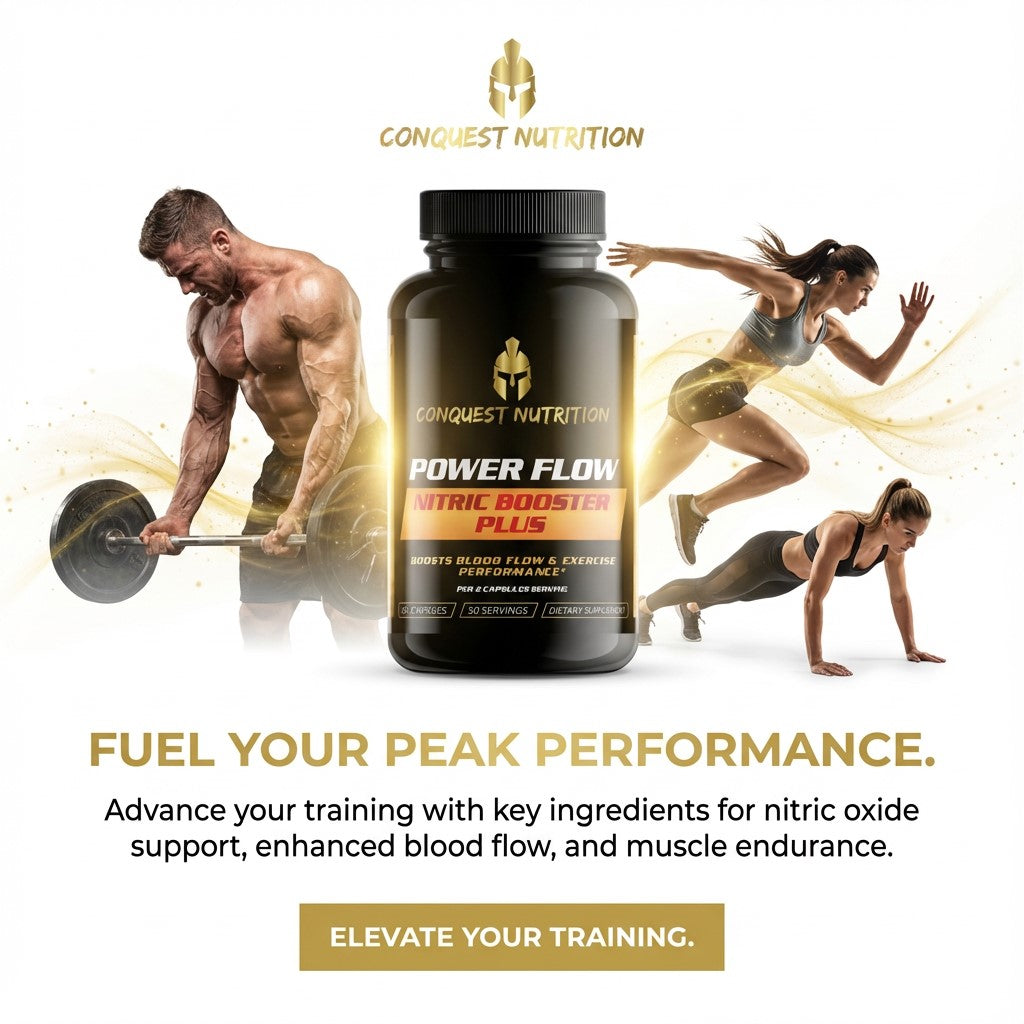 Conquest Nutrition Power Flow Nitric Booster Plus supplement bottle with athletes exercising on a white background.