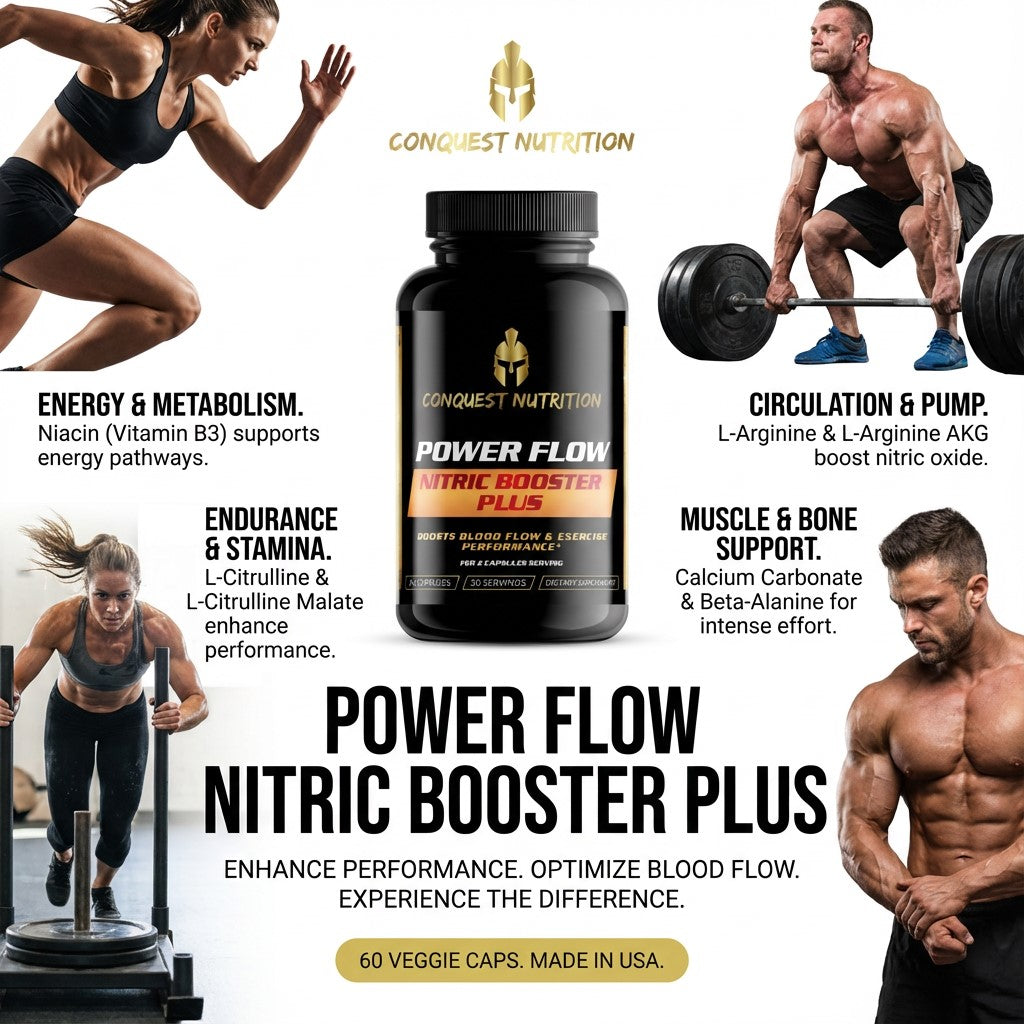 Advertisement for Conquest Nutrition Power Flow Nitric Booster Plus with athletes and product details.